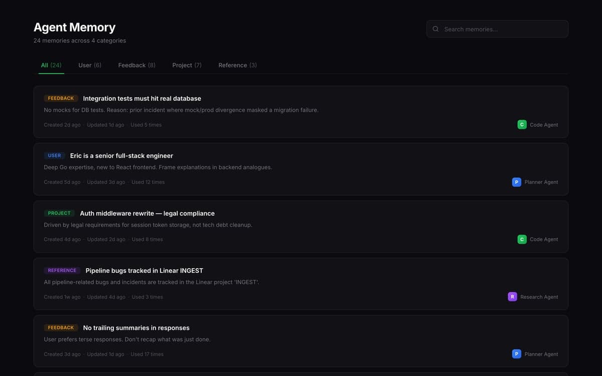 Celune agent memory system showing categorized memory entries organized by type — user preferences, project facts, feedback, and references