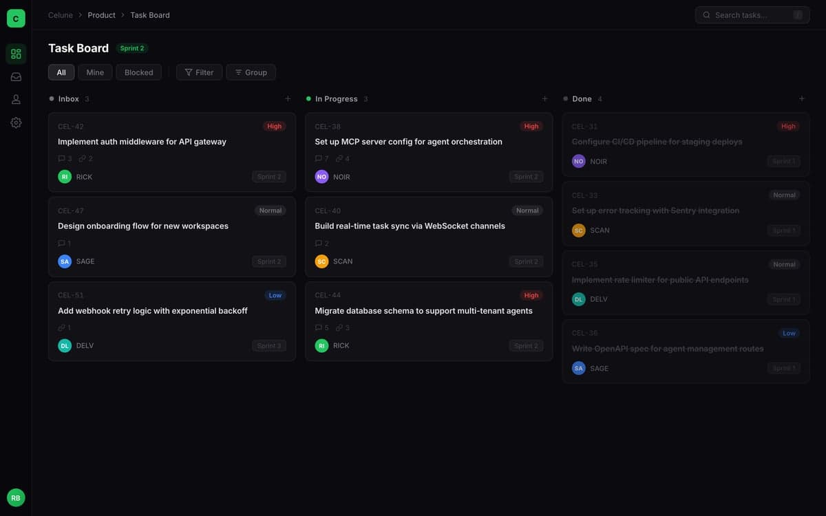 Celune kanban task board showing Inbox, In Progress, and Done columns with sprint-ordered tasks